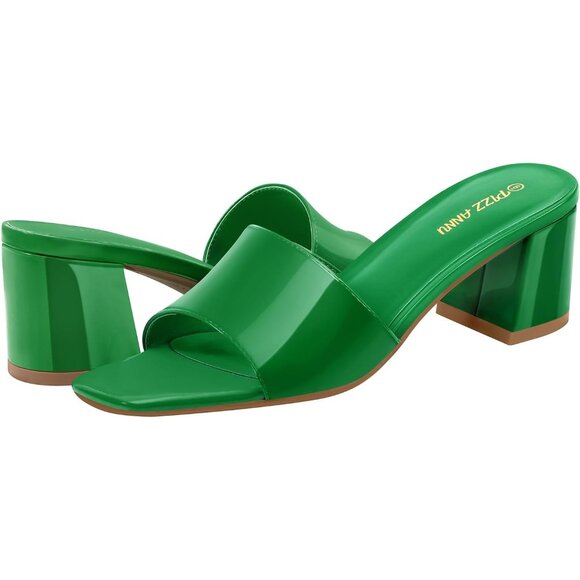 Women's Low Chunky Block Square Open Toe Heeled Sandal Slip on Mules Green Shoes - Picture 4 of 8